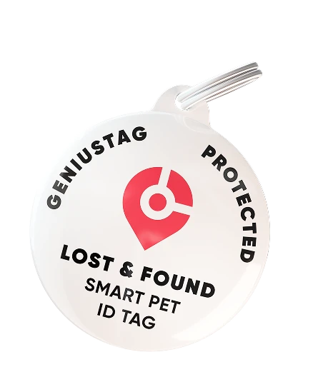GeniusTag smart pet ID with QR code, GPS alerts, and digital pet profile